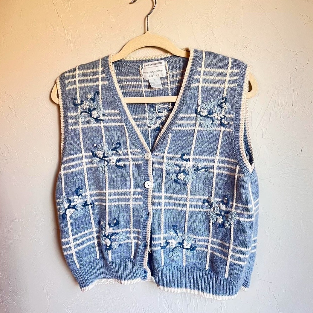 Vintage Blue Floral Knit Sweater Vest | Coastal Grandma embroidered Coquette